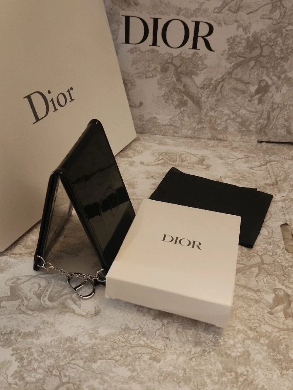 NEW Dior GWP Black Patent Foldout Mirror |Silver CD & Star Charm | Dior Gift Bag